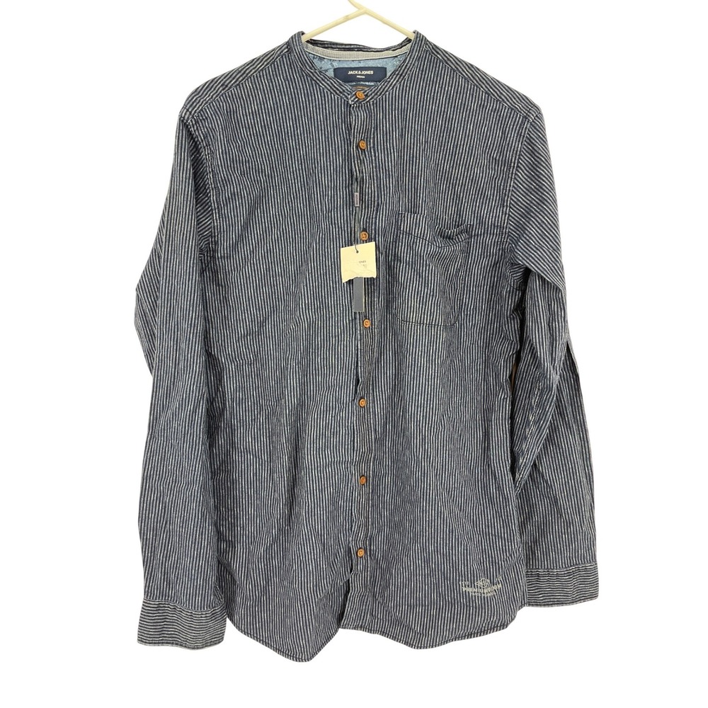 Jack & Jones Premium Derek Band Collar Striped Shirt Mens Navy Blue 12161787 NWT